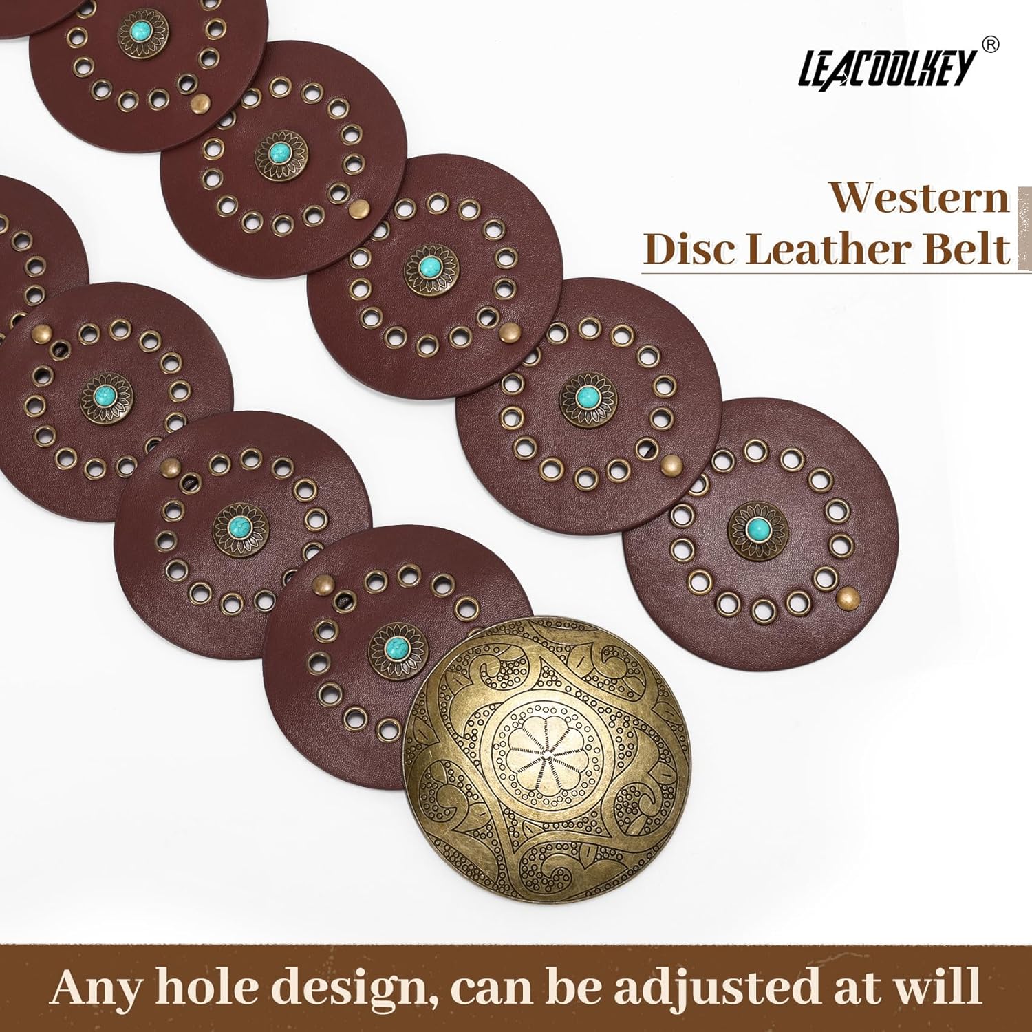 LEACOOLKEY Women's Boho Disc Belt Wide Western Leather Belt Vintage Concho Waist Belts for Dress Jeans