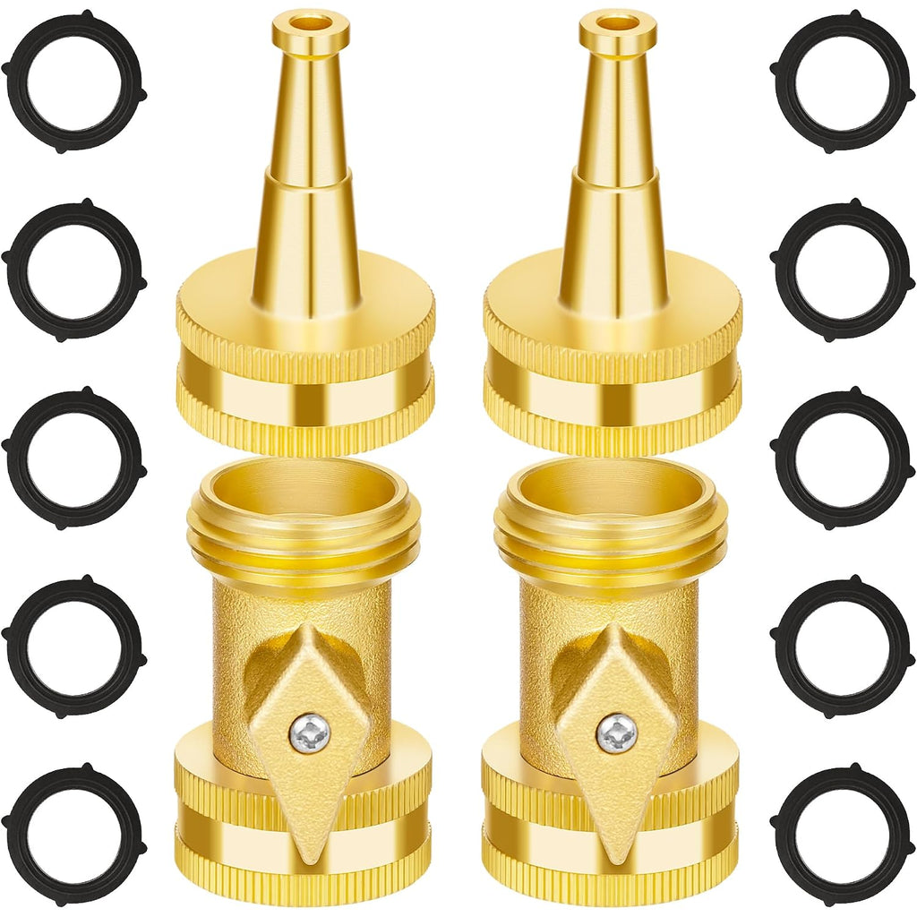 Automan Brass Hose Nozzle - High Pressure Jet Nozzle 4 Count (2 Set), Heavy Duty Water Hose Sprayer Sweeper With Hose Shutoff Valve, 3/4” Ght Nozzles For Garden Hose, Car Wash, Extra 10 Rubber Washers