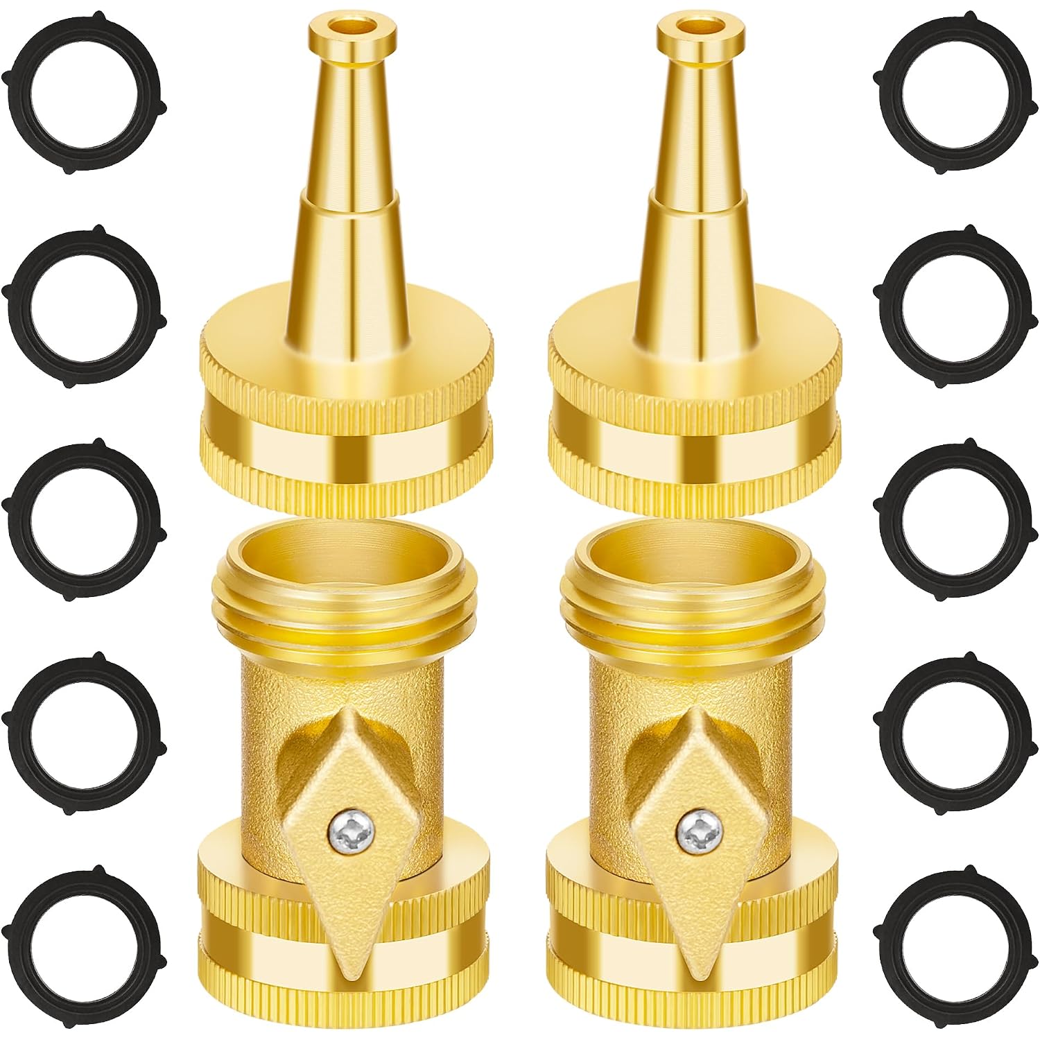 Automan Brass Hose Nozzle - High Pressure Jet Nozzle 4 Count (2 Set), Heavy Duty Water Hose Sprayer Sweeper With Hose Shutoff Valve, 3/4” Ght Nozzles For Garden Hose, Car Wash, Extra 10 Rubber Washers