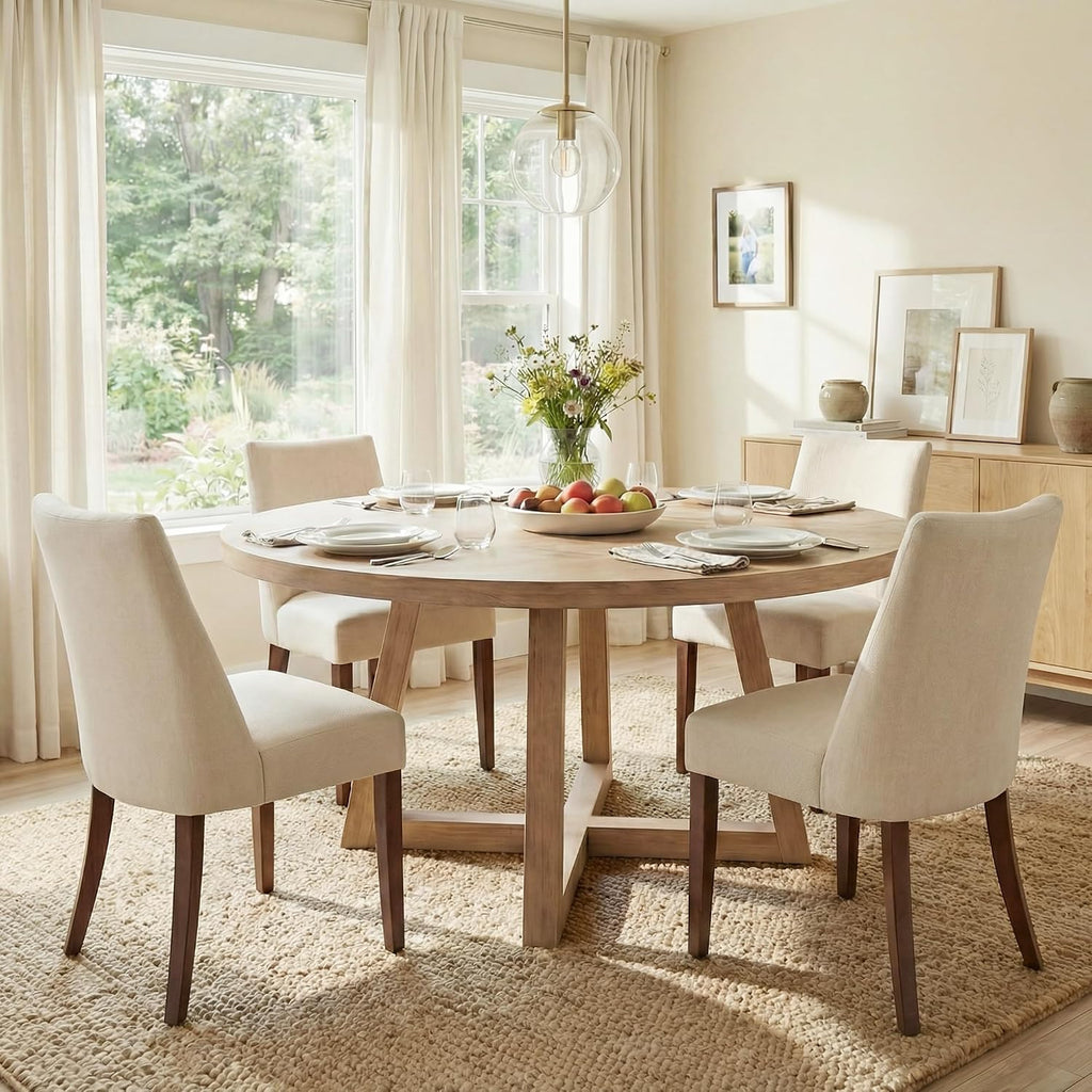 Wooden Dining Chairs Set Of 4, Upholstered Farmhouse Fabric Dining Room Chair, Mid Century Kitchen Chair For Restaurant & Cafe, Beige