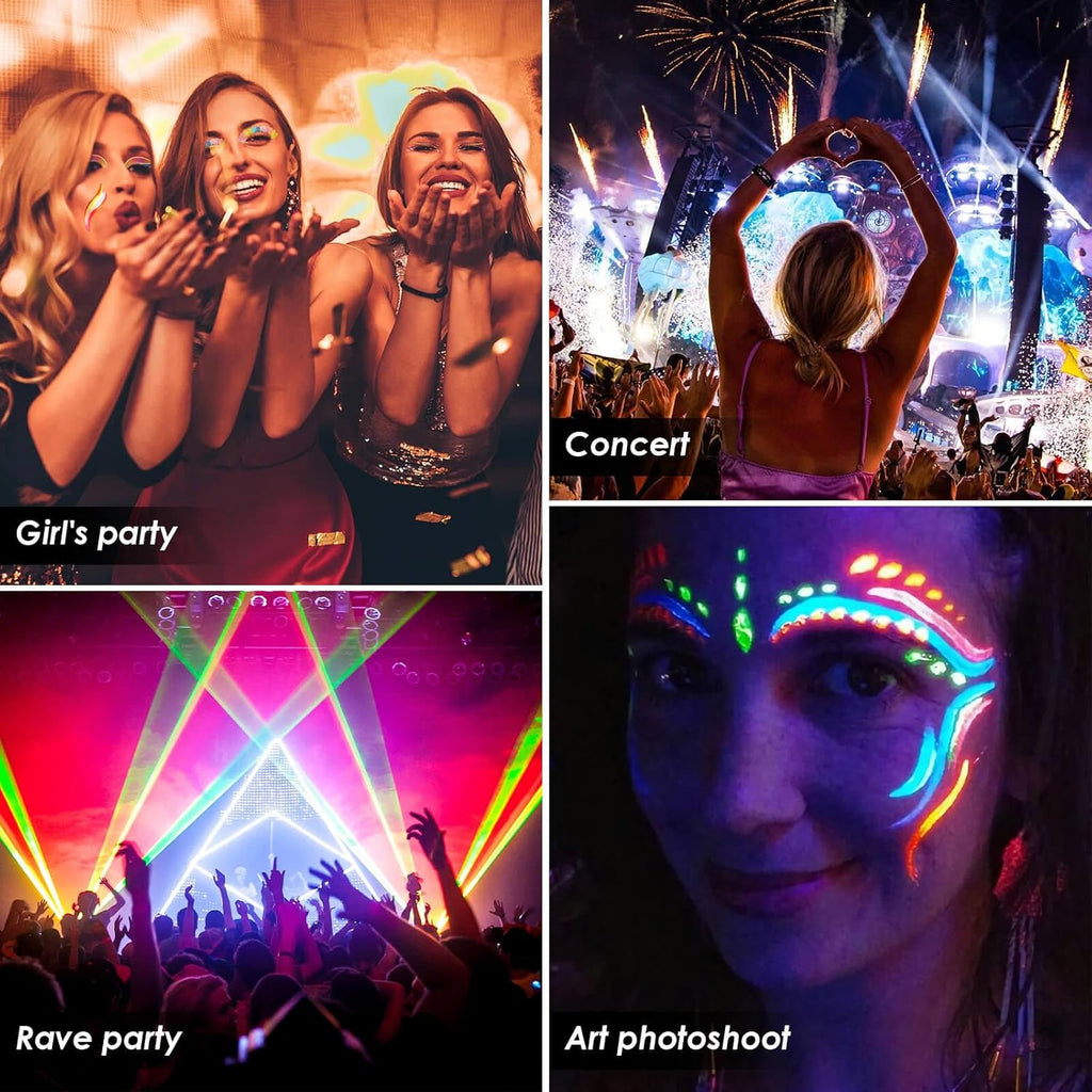 Glow In The Dark Glitter Gel With Uv Neon Liquid Eyeliner Pen Set For Body Face Hair Eye, Makeup Kit For Rave Accessories Party Halloween Anime Cosplay Concerts Festival Carnival Face Paint