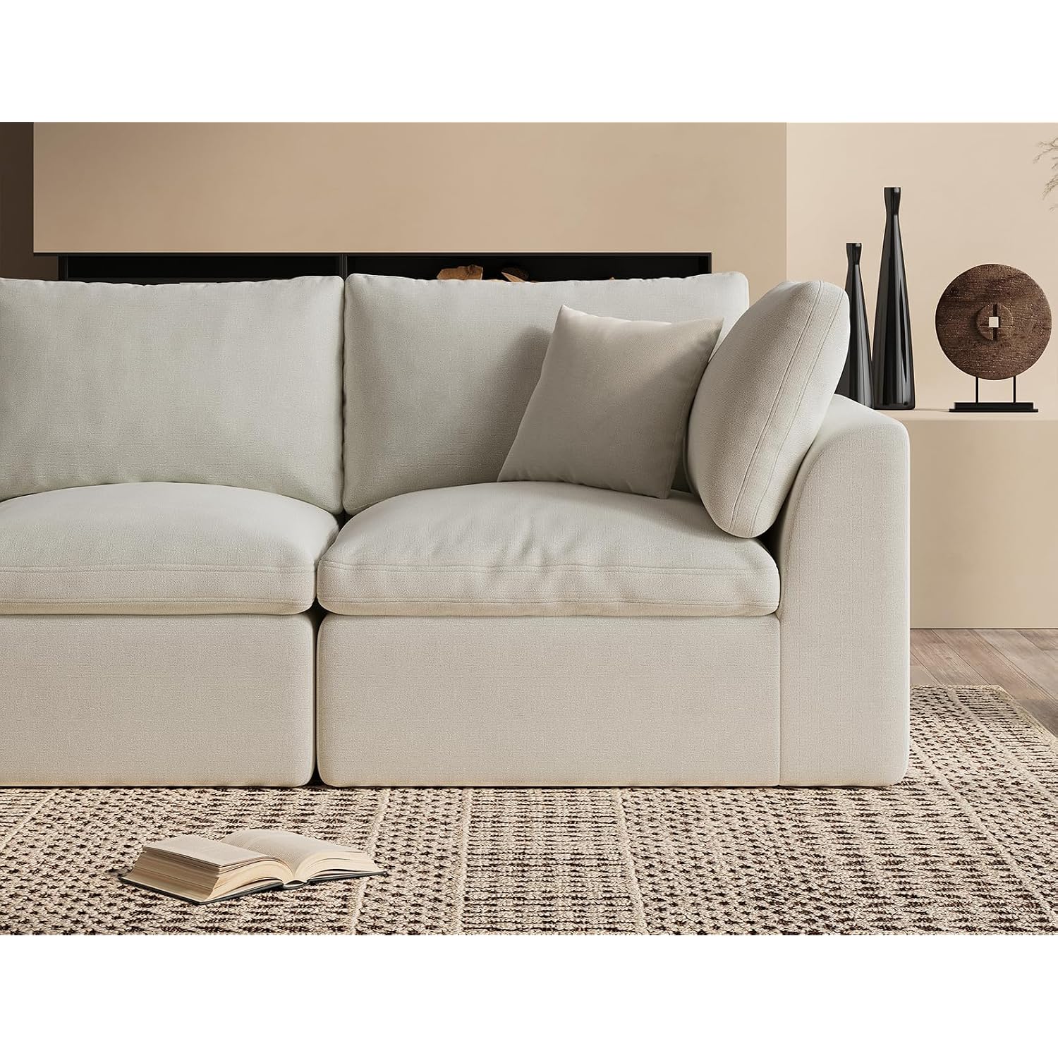 110" Cloud Sectional Couches For Living Room, Convertible L-Shape Couch With Ottoman, 3 Seater Modular Sectional Sofa, Warm White