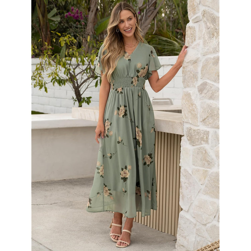 Anrabess Womens Summer Floral Maxi Dress Casual V Neck Short Sleeve Chiffon Boho Flowy Beach 2026 Wedding Guest Long Dresses