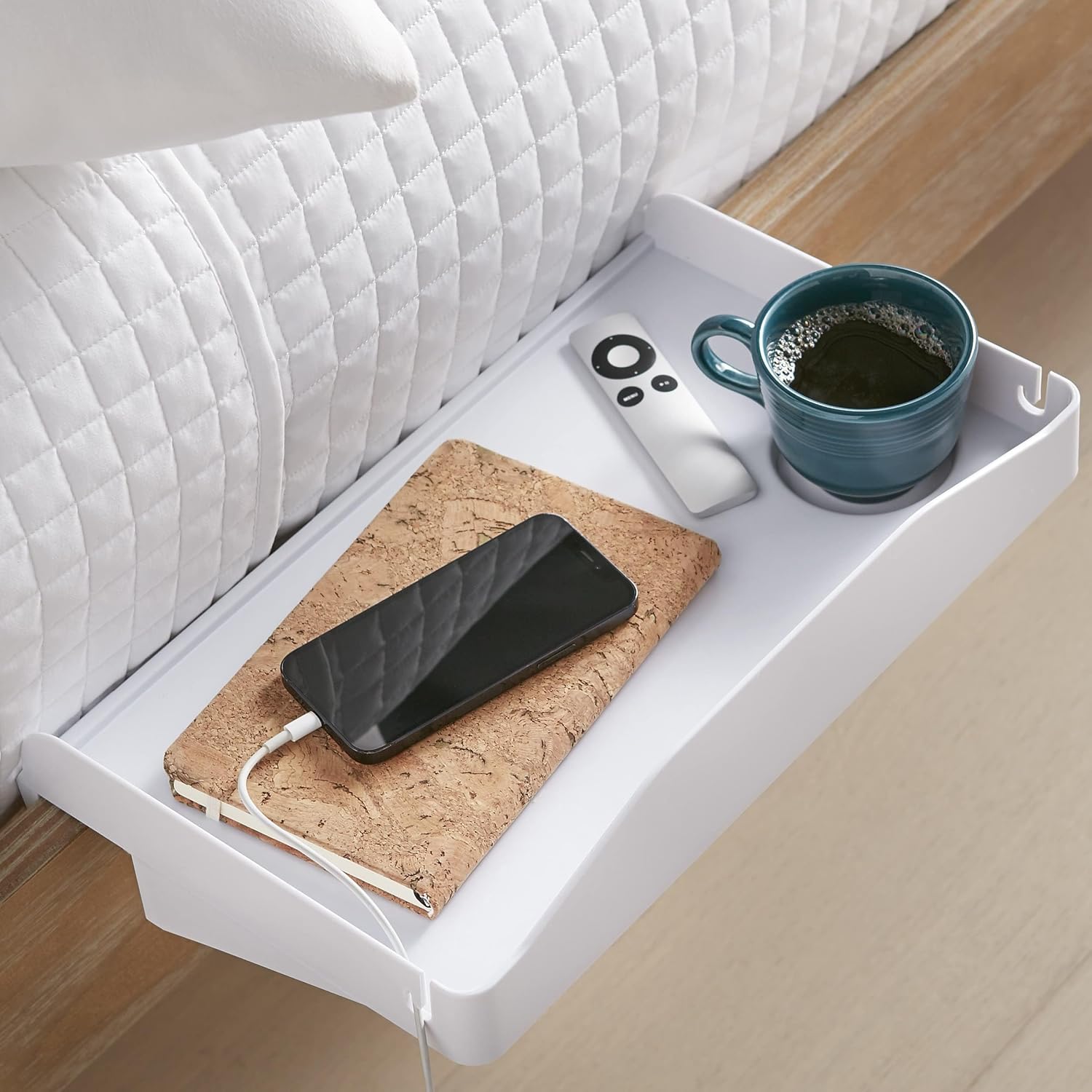 Modern Innovations Bedside Shelf For Bed, College Dorm Room, Bunk Bed Shelf/Caddy For Top Bunk, Clip On Nightstand Tray With Cord And Cup Holder For Table Storage (White)