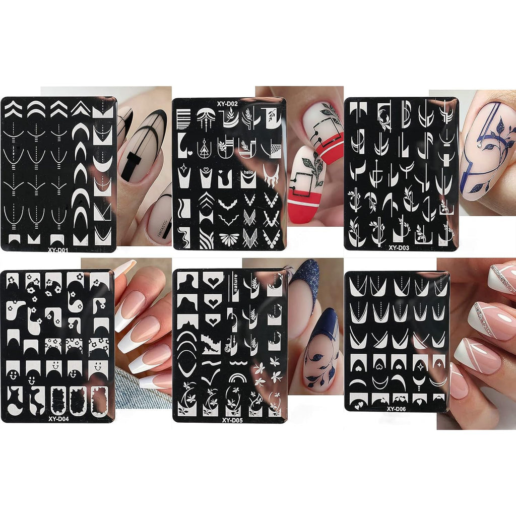 6Pcs Nail Art Stamping Templates Set with French Line Flowers Leaves Smiley Heart Design Stamping Kits DIY Printing Tools Fashion Decoration for Women and Girls