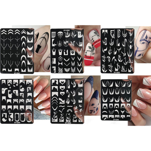 6Pcs Nail Art Stamping Templates Set with French Line Flowers Leaves Smiley Heart Design Stamping Kits DIY Printing Tools Fashion Decoration for Women and Girls