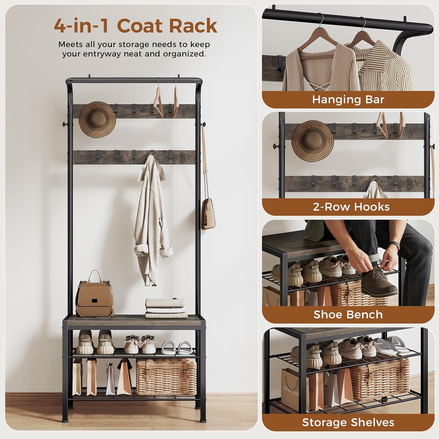 Hall Tree with Bench and Shoe Storage, 4-in-1 Entryway Organizer with 10 Hooks and Storage Shelf,Coat Rack Freestanding with 2-Tier Storage Shelf for Living Room, Bedroom Rustic