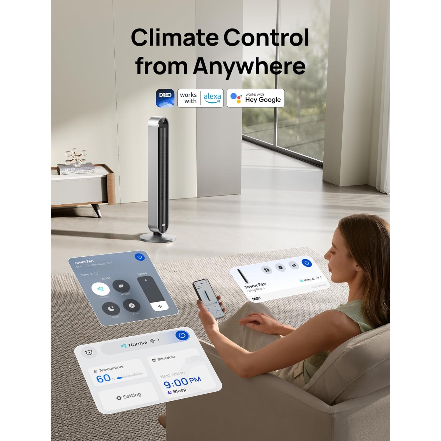 Dreo Smart Tower Fan For Bedroom, 120° Oscillating Fan, 20Db Quiet Dc Motor | 28Ft/S Airflow, 12 Speeds, 4 Modes Bladeless Standing Fan, 12H Timer Cooling Fan For Home, Living Room, App & Alexa Control