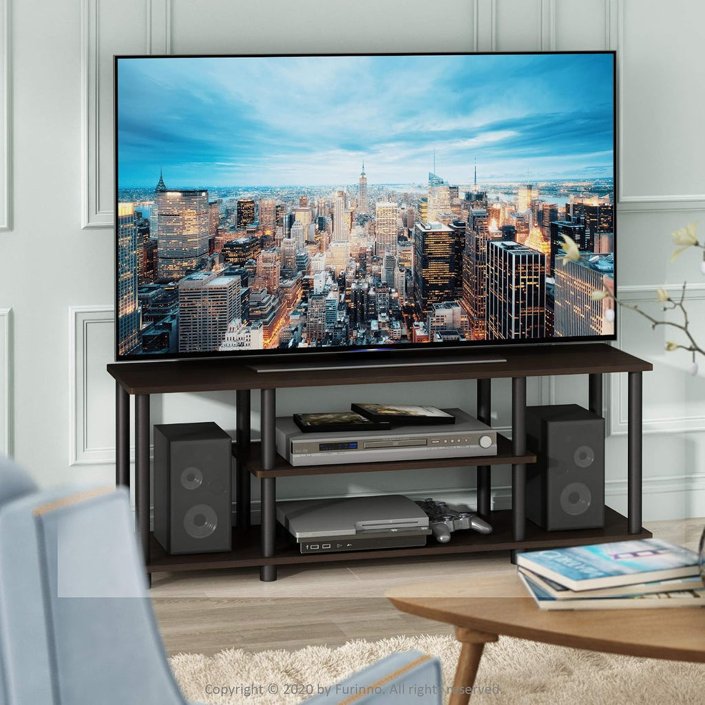 Furinno Turn-N-Tube No Tools 3D 3-Tier Entertainment Tv Stand Up To 50 Inch Tv, Round Tubes, Dark Brown / Black | For Tv Up To 50 Inch, Open Frame Rectangular Entertainment Center With Storage Shelf, Tv Console, For Living Room, Bedroom