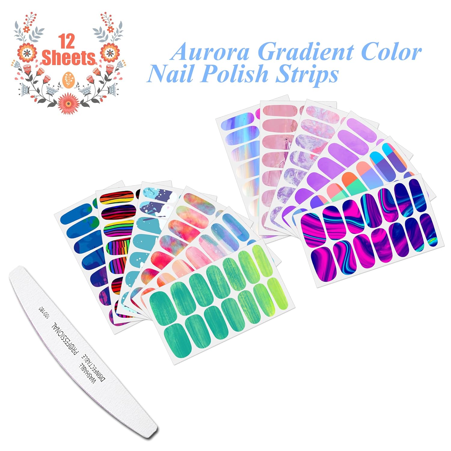 12 Sheets Aurora Gradient Color Nail Polish Strips Self-Adhesive Graffiti Cloud Rainbow Nail Stickers Full Nail Wraps for Women Kids Manicure Kit