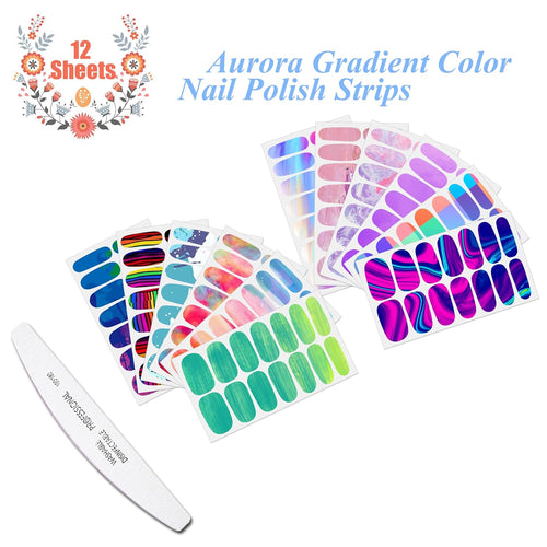 12 Sheets Aurora Gradient Color Nail Polish Strips Self-Adhesive Graffiti Cloud Rainbow Nail Stickers Full Nail Wraps for Women Kids Manicure Kit