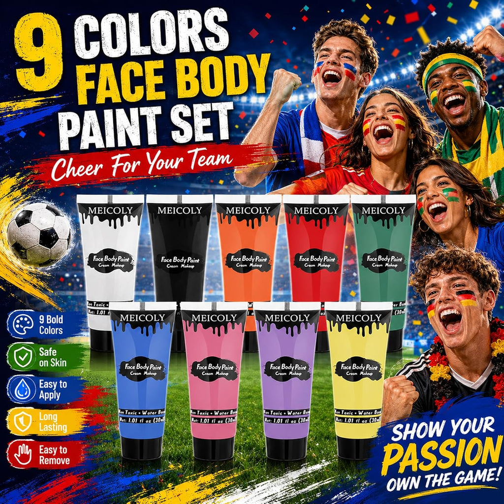 9 Colors Face Body Paint Set,1.01X9Oz/Box,Water Based Washable Face Paint For Adult Kid,Elphaba Green Face Paint,Safe Body Paint For Skin,Red White Blue Face Painting Kit For Halloween Makeup