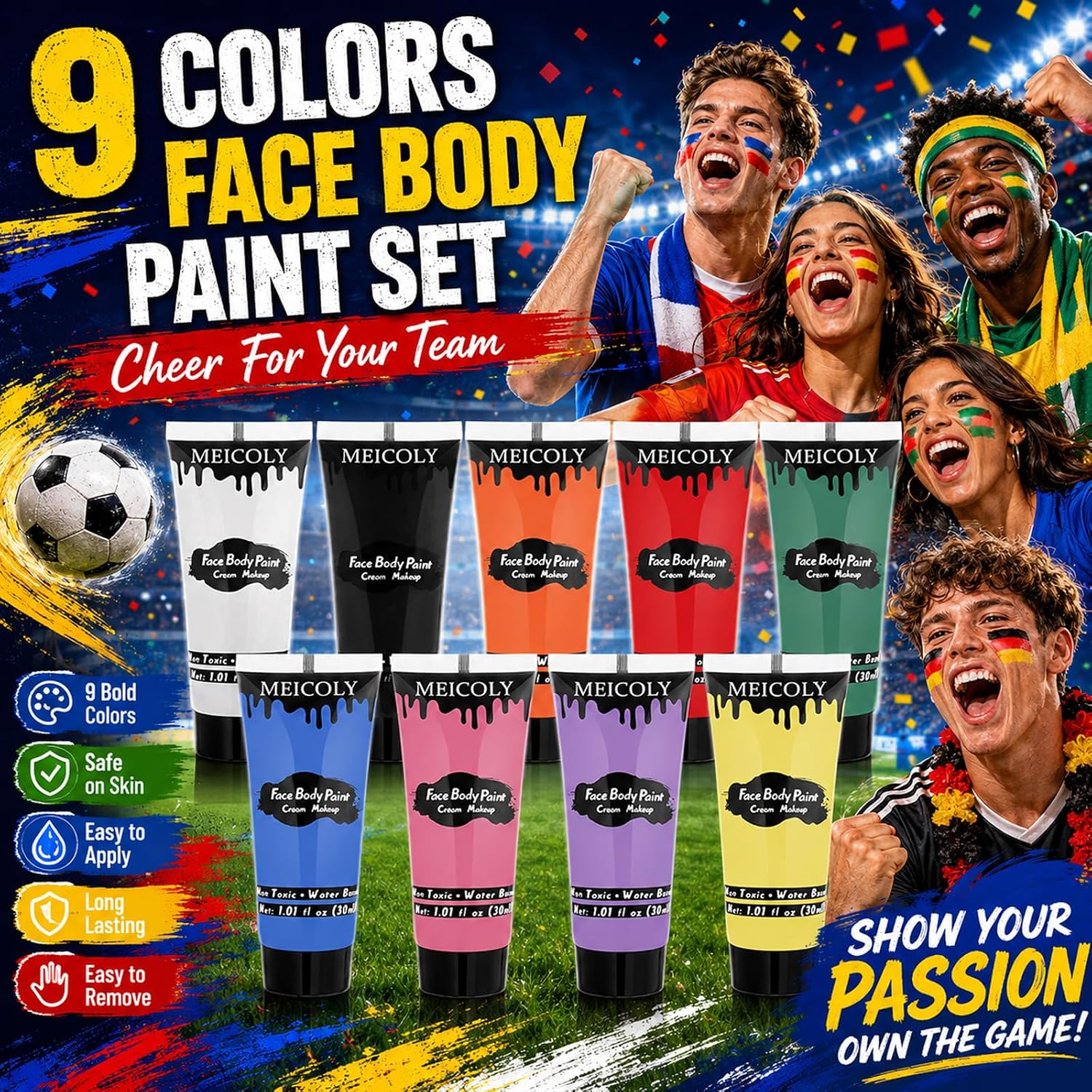 9 Colors Face Body Paint Set,1.01X9Oz/Box,Water Based Washable Face Paint For Adult Kid,Elphaba Green Face Paint,Safe Body Paint For Skin,Red White Blue Face Painting Kit For Halloween Makeup