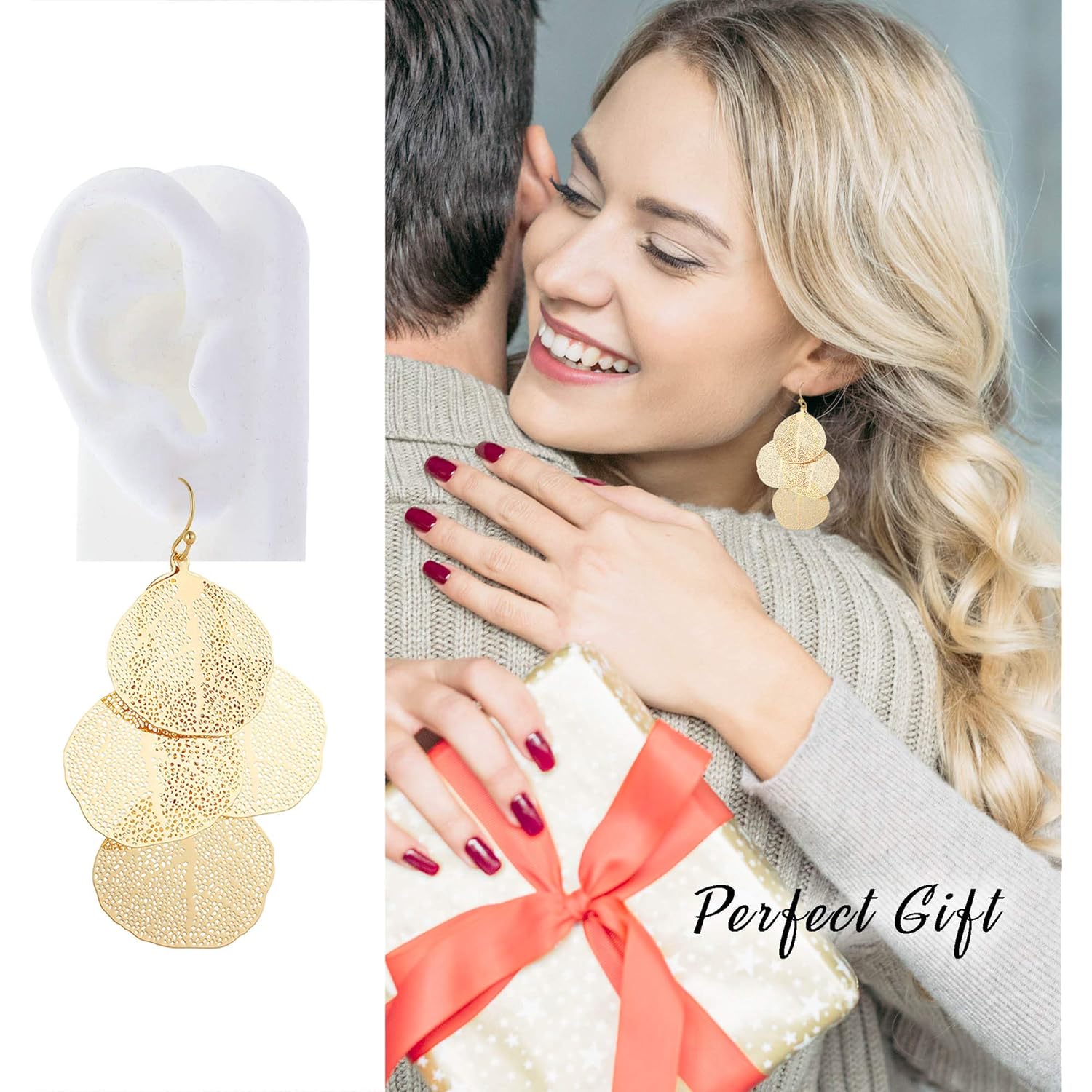 Bohemian Boho Filigree Leaf Chandelier Dangle Earrings for Women – Handcrafted Delicate – 14K Gold Plated – Lightweight