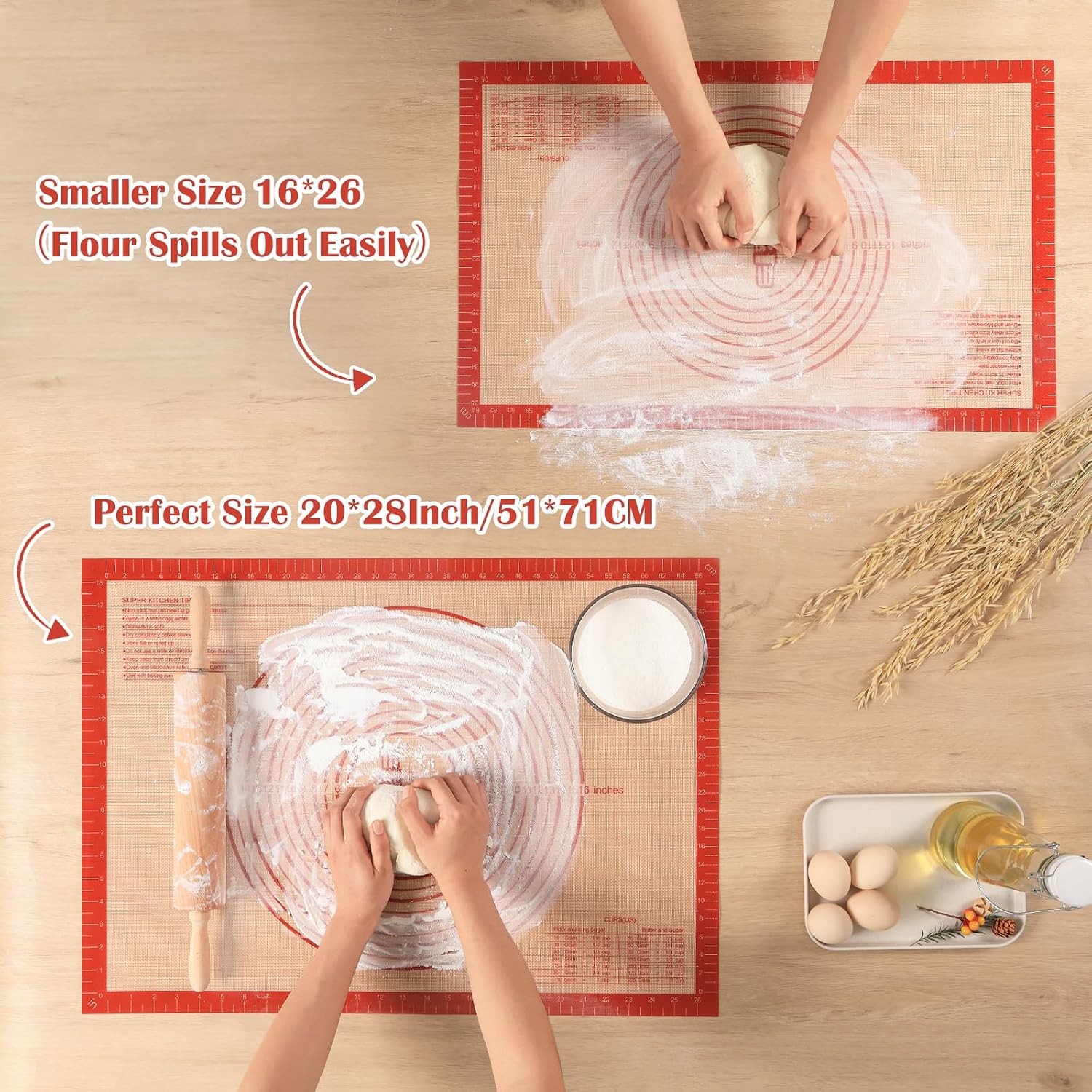 Non-Slip Silicone Pastry Mat Extra Large With Measurements 28''By 20'' For Silicone Baking Mat, Counter, Dough Rolling, Oven Liner,Fondant/Pie Crust By Folksy Super Kitchen Red
