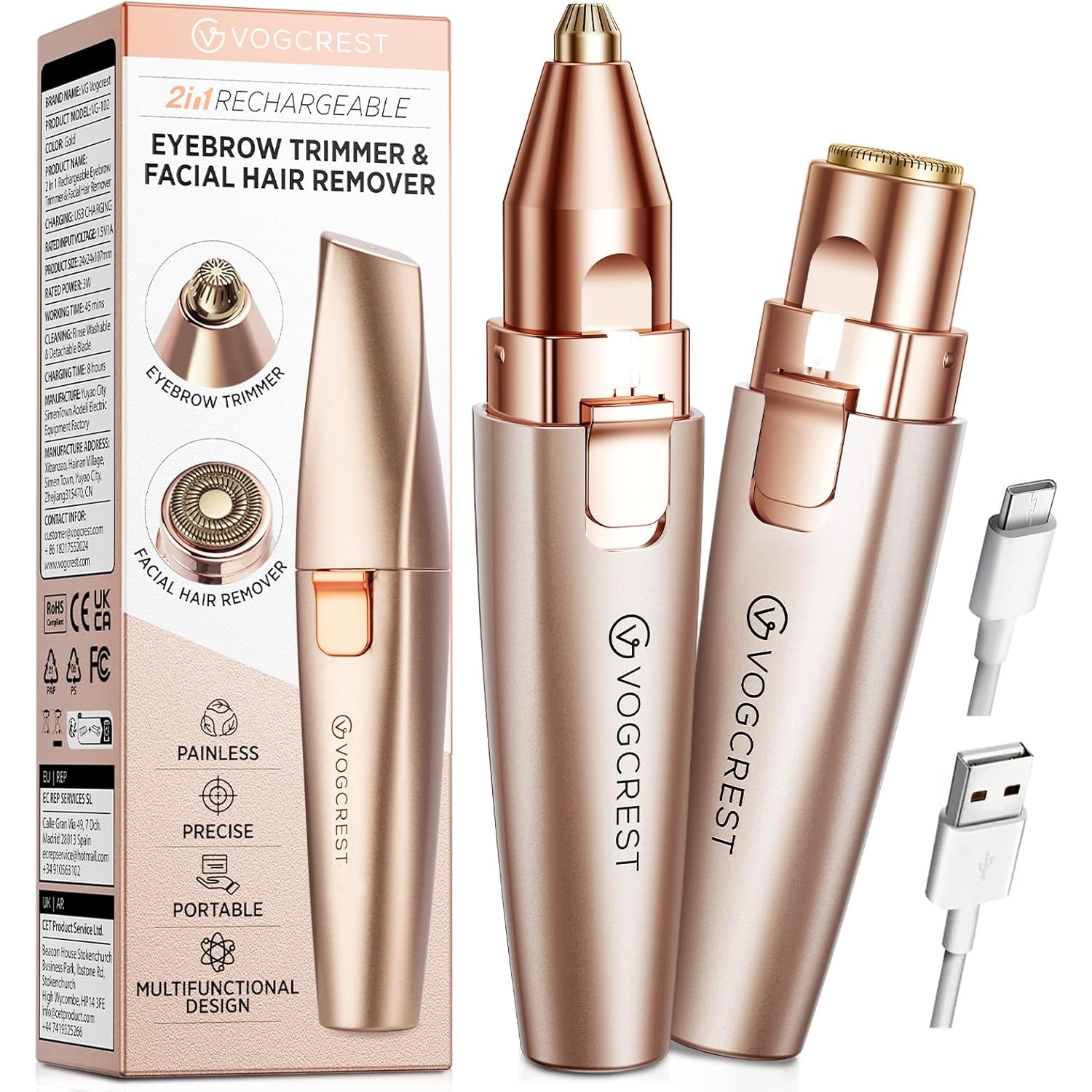 VG VOGCREST Eyebrow & Facial Trimmer: 2 in1 Rechargeable Facial Hair Removal & Eyebrow Shaver - Body Razor with Built-in LED Light (Rose Gold)