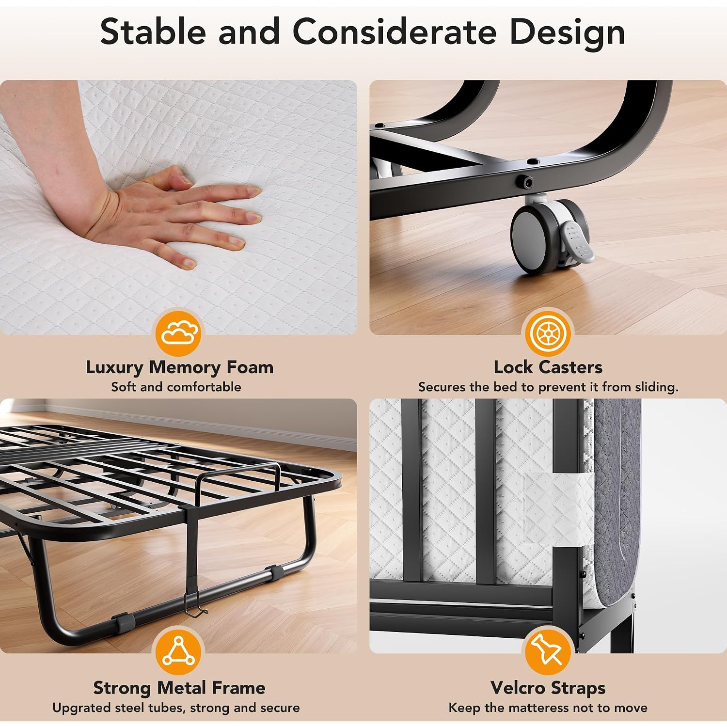 Folding Bed With Memory Foam Mattress, 75" X 31" Cot Size Portable Foldable Bed With Movable Wheels, Space-Saving Sturdy Metal Frame, Twin Rollaway Bed For Adults For Guest Room, Apartment, Camping