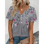 Zeagoo Womens Short Sleeve Tops Summer Henley V-Neck Tshirts Casual Pleated Blouse Dressy Loose Floral Basic Tee