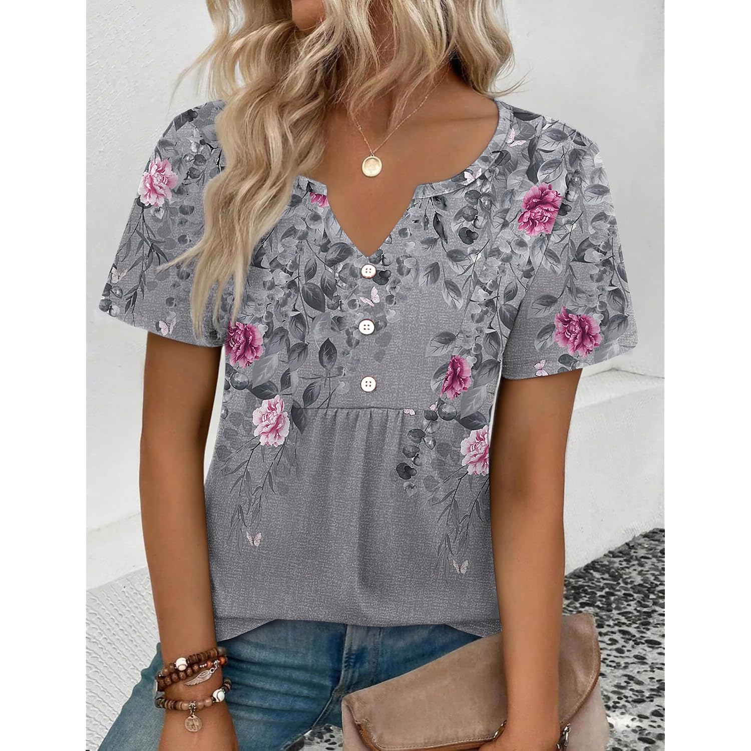 Zeagoo Womens Short Sleeve Tops Summer Henley V-Neck Tshirts Casual Pleated Blouse Dressy Loose Floral Basic Tee