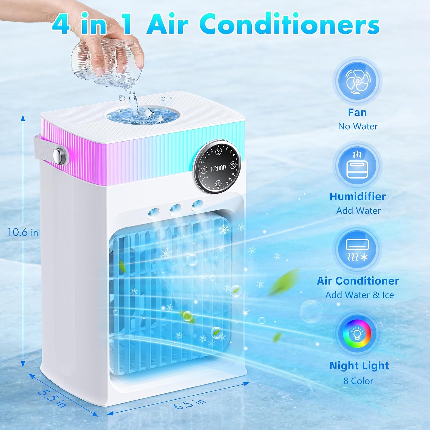 Portable Air Conditioners, Mini Portable Ac Unit For Bedroom, 1200Ml Small Cooling Fan With Remote, 3 Mist, 3 Speed, 8 Light, 2-8H Timer Personal Cooler Fans For Office Camping Car Desk(White)
