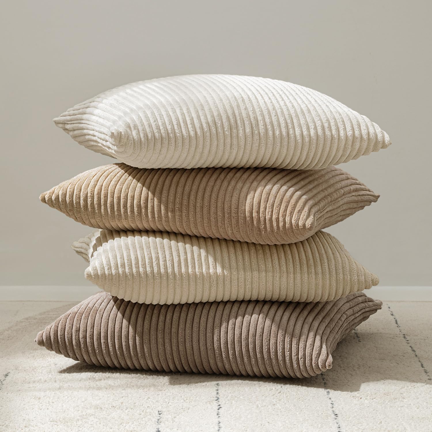 Miulee Decorative Corduroy Throw Pillow Covers Set Of 2 18X18 Cream White | Soft Solid Striped Textured Cushion Cases For Couch Chair Sofa Bed Living Room Boho Square Pillowcases For Home Decor