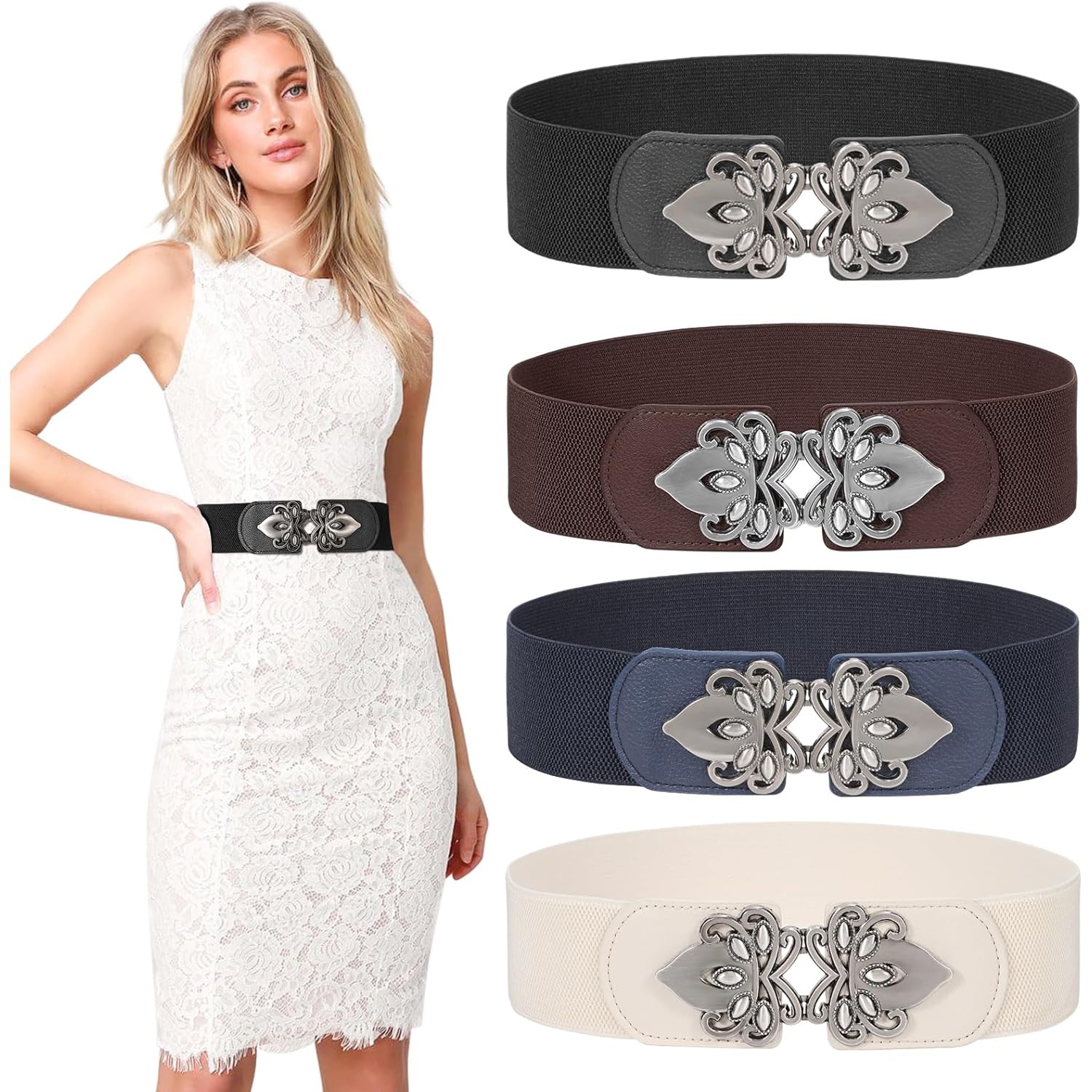 LEACOOLKEY 4 Pack Women Wide Elastic Waist Belt for Dress Plus Size Vintage Stretch Belt Retro Buckle 2.36" Width