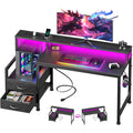 Furologee 47" Gaming Desk With Led Lights & Usb-C Port, Reversible Computer Desk With Monitor Stand, Storage Shelves & 2 Fabric Drawers, Gaming Table With Power Outlets & Hooks, Carbon Fiber Black