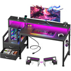 Furologee 47" Gaming Desk With Led Lights & Usb-C Port, Reversible Computer Desk With Monitor Stand, Storage Shelves & 2 Fabric Drawers, Gaming Table With Power Outlets & Hooks, Carbon Fiber Black