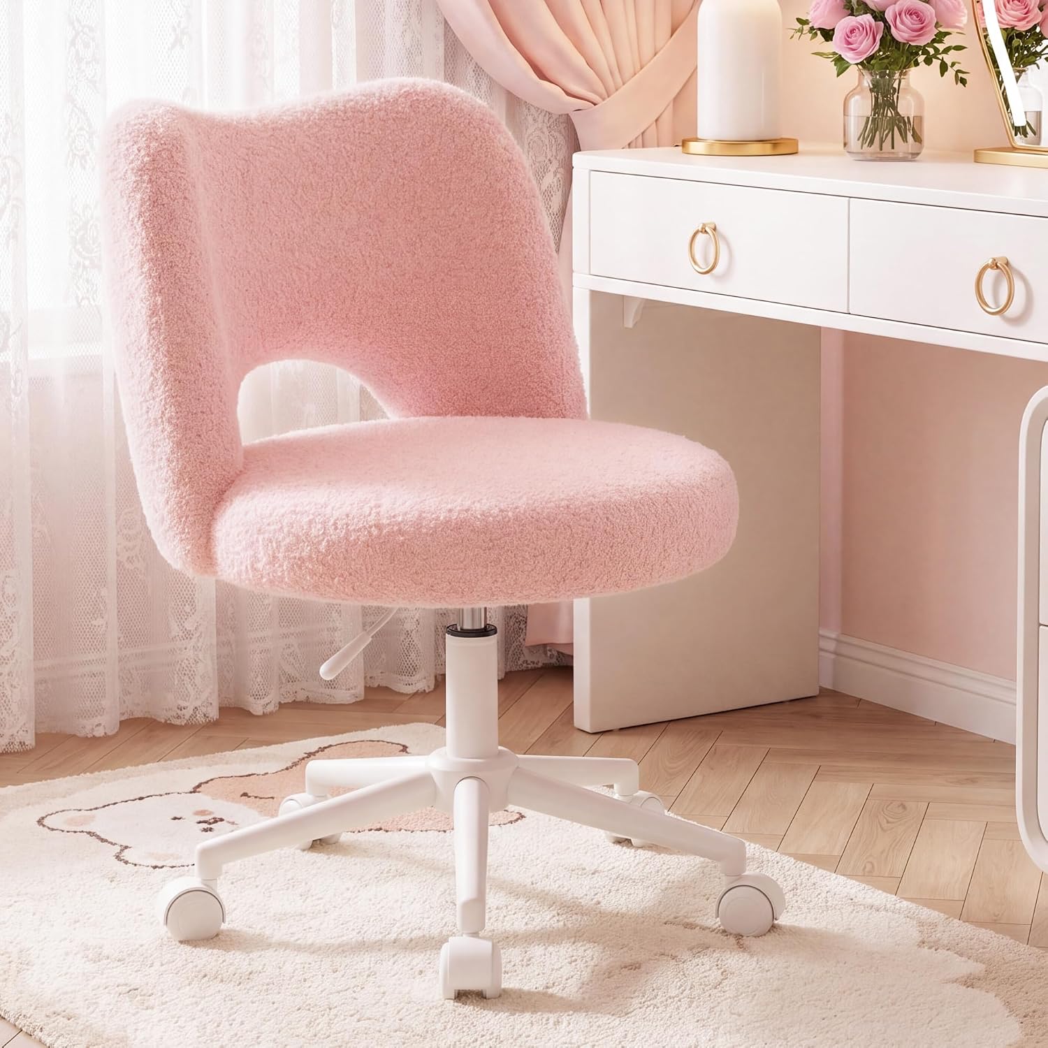 Vanity Chair With Open Back & Wheels,Armless,Pink