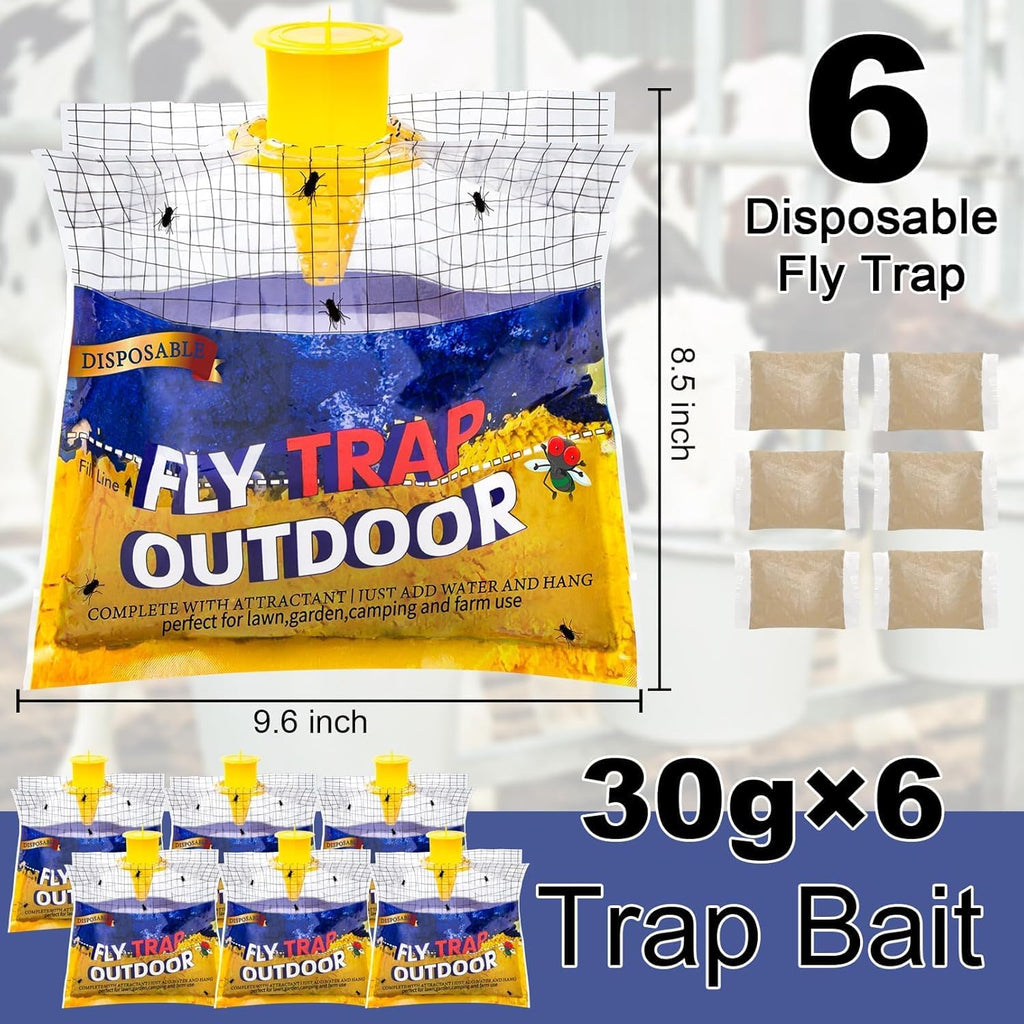 Disposable Fly Traps 6 Pack Bags Outdoor, Flies Catcher Traps With Natural Pre-Bait Refill Repellent, Reusable Stable Horse Ranch Trapper Outdoor Hanging Fly Killer Helps Control Flies