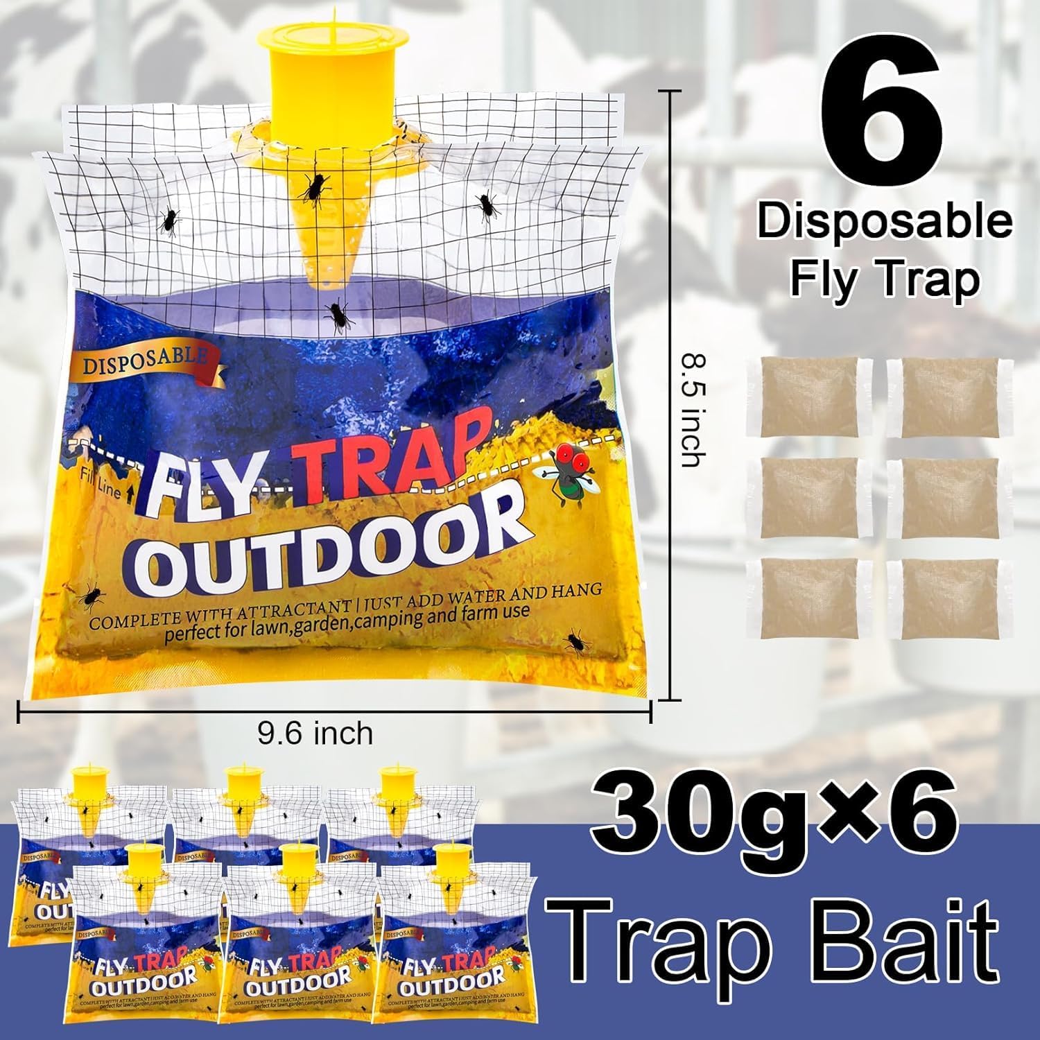 Disposable Fly Traps 6 Pack Bags Outdoor, Flies Catcher Traps With Natural Pre-Bait Refill Repellent, Reusable Stable Horse Ranch Trapper Outdoor Hanging Fly Killer Helps Control Flies