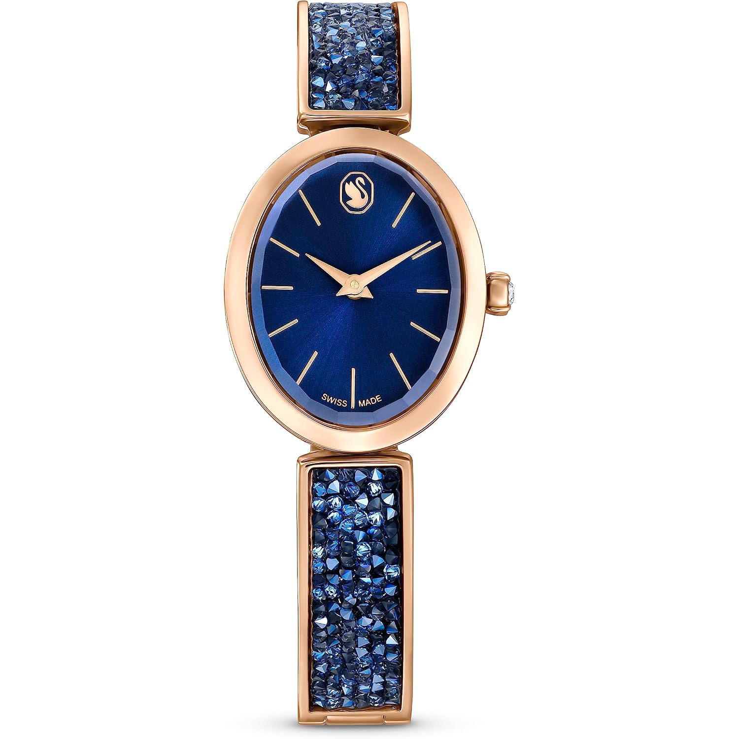 Swarovski Crystal Rock Oval Watch, Metal Bracelet, Blue, Rose Gold-Tone Finish, Swiss Made, Part Of The Crystal Rock Watch Collection