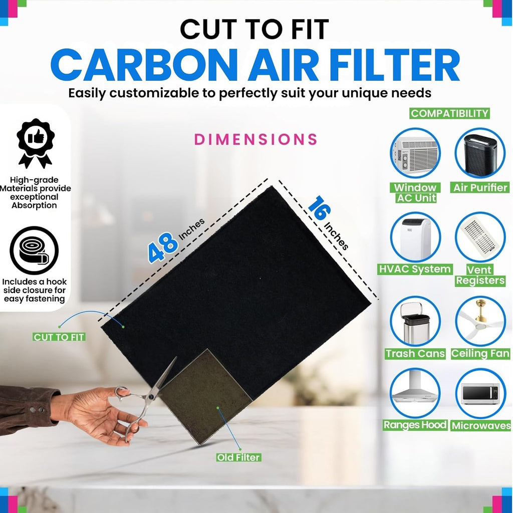 Bagean Cut To Fit Activated Carbon Filter Sheet 16” X 48” Carbon Air Filter | Fits Air Purifiers Window Ac Air Vent And More - Activated Charcoal Filter Effectively Filters Odors & Freshens Air (2-Pack)