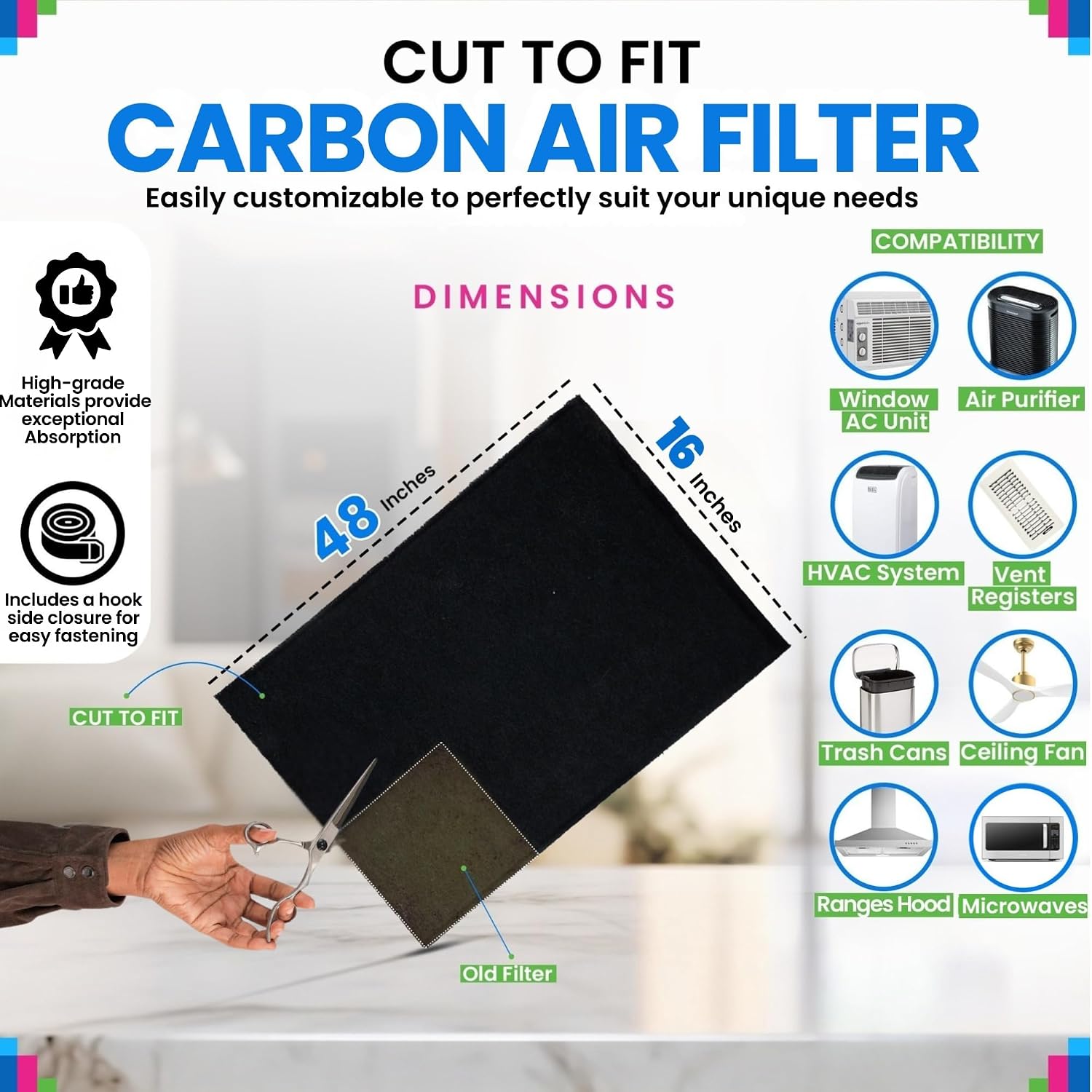 Bagean Cut To Fit Activated Carbon Filter Sheet 16” X 48” Carbon Air Filter | Fits Air Purifiers Window Ac Air Vent And More - Activated Charcoal Filter Effectively Filters Odors & Freshens Air (2-Pack)
