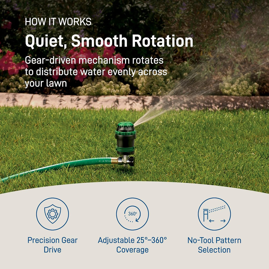 Orbit H2O-Six Gear-Drive Sprinkler On Metal T-Spike - Customizable Lawn Watering Coverage - Multi-Pattern Rotating Head With Adjustable Spray Range - Durable Outdoor Yard Irrigation Sprinkler - 58573