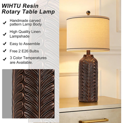26.5'' Living Room Lamps Set Of 2, Resin Table Lamp For Bedroom | Handcrafted Rustic Design, 3 Color Dimmable, Linen Lampshade, 2 E26 Bulbs, Room Decor, Lamp For Nightstand Hallway Entryway