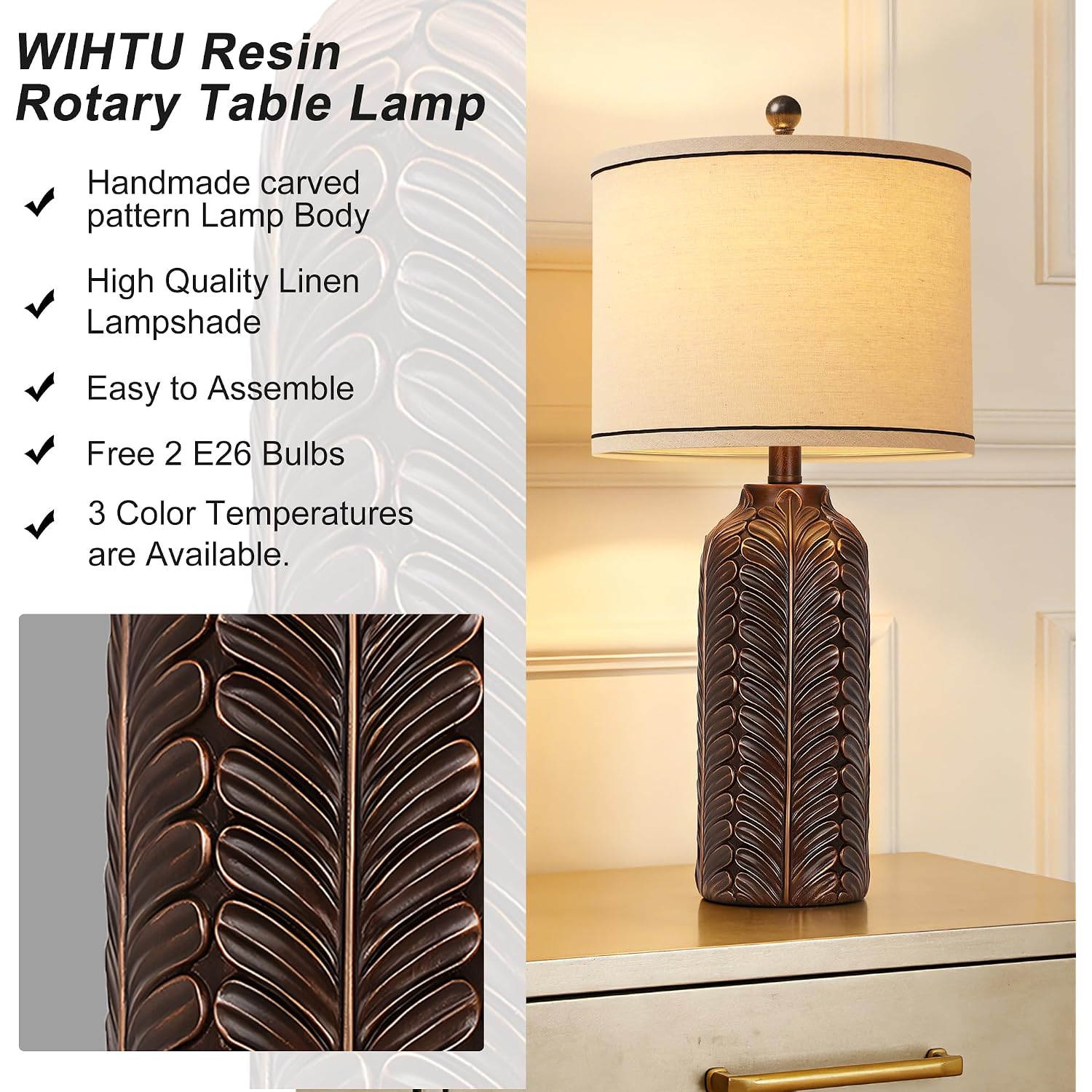 26.5'' Living Room Lamps Set Of 2, Resin Table Lamp For Bedroom | Handcrafted Rustic Design, 3 Color Dimmable, Linen Lampshade, 2 E26 Bulbs, Room Decor, Lamp For Nightstand Hallway Entryway