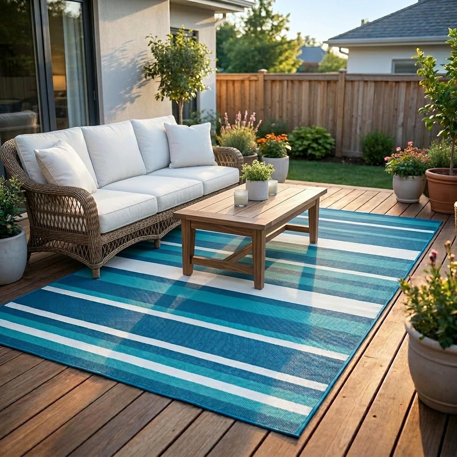 Outdoor Rug Camping Essentials - 4X6 Ft Outdoor Plastic Straw Rug For Patio Clearance, Waterproof Rv Essentials Outside Area Rug For Deck Garden, Backyard Patio Furniture Set, Blue White