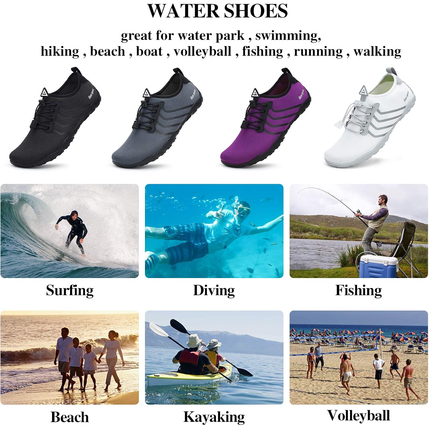 Racqua Water Shoes Quick Dry Barefoot Water Aqua Sport Beach Pool Swim Surf Diving For Men Women