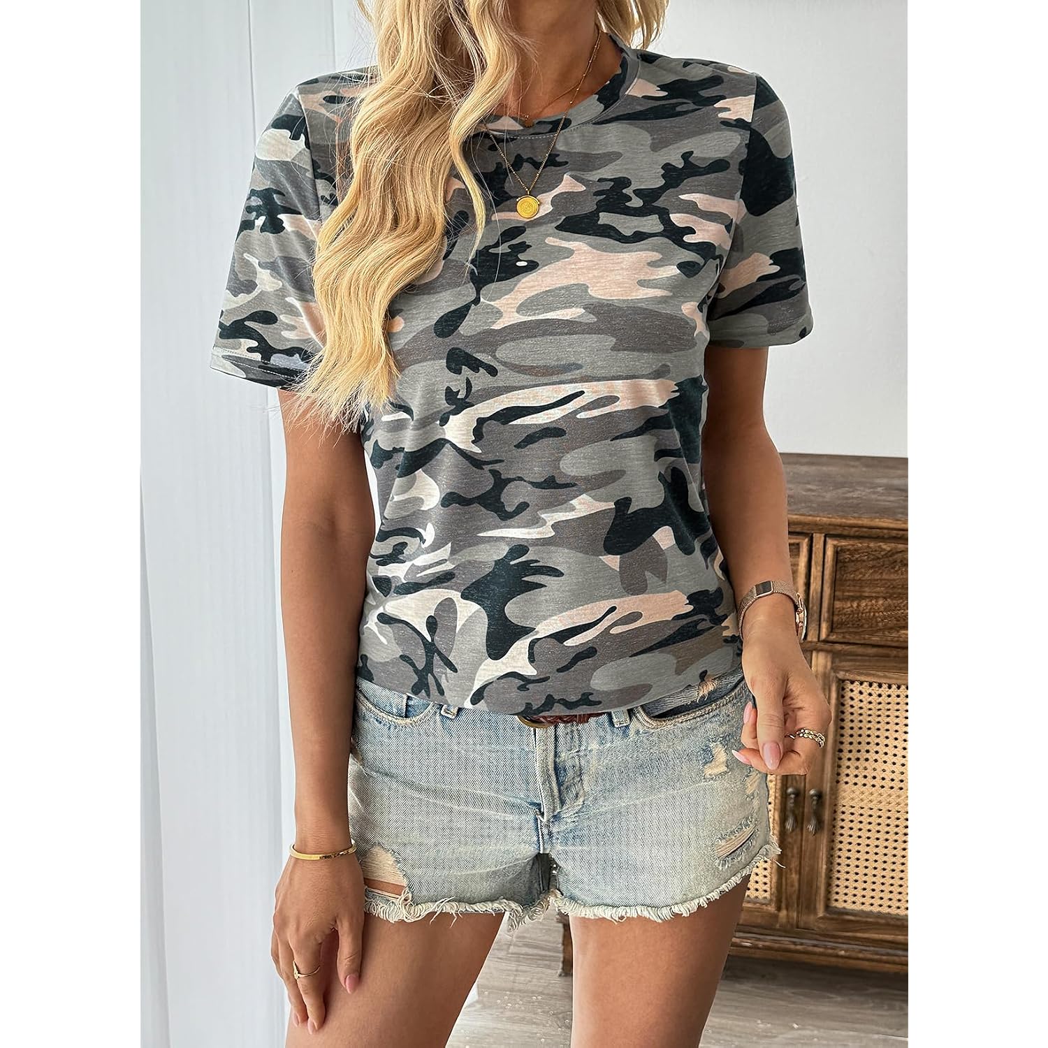 EVALESS Womens Summer Tops Casual Graphic Tees Crewneck Short Sleeve Shirts Spring 2026 Fashion T Shirts 1a Grey Camo