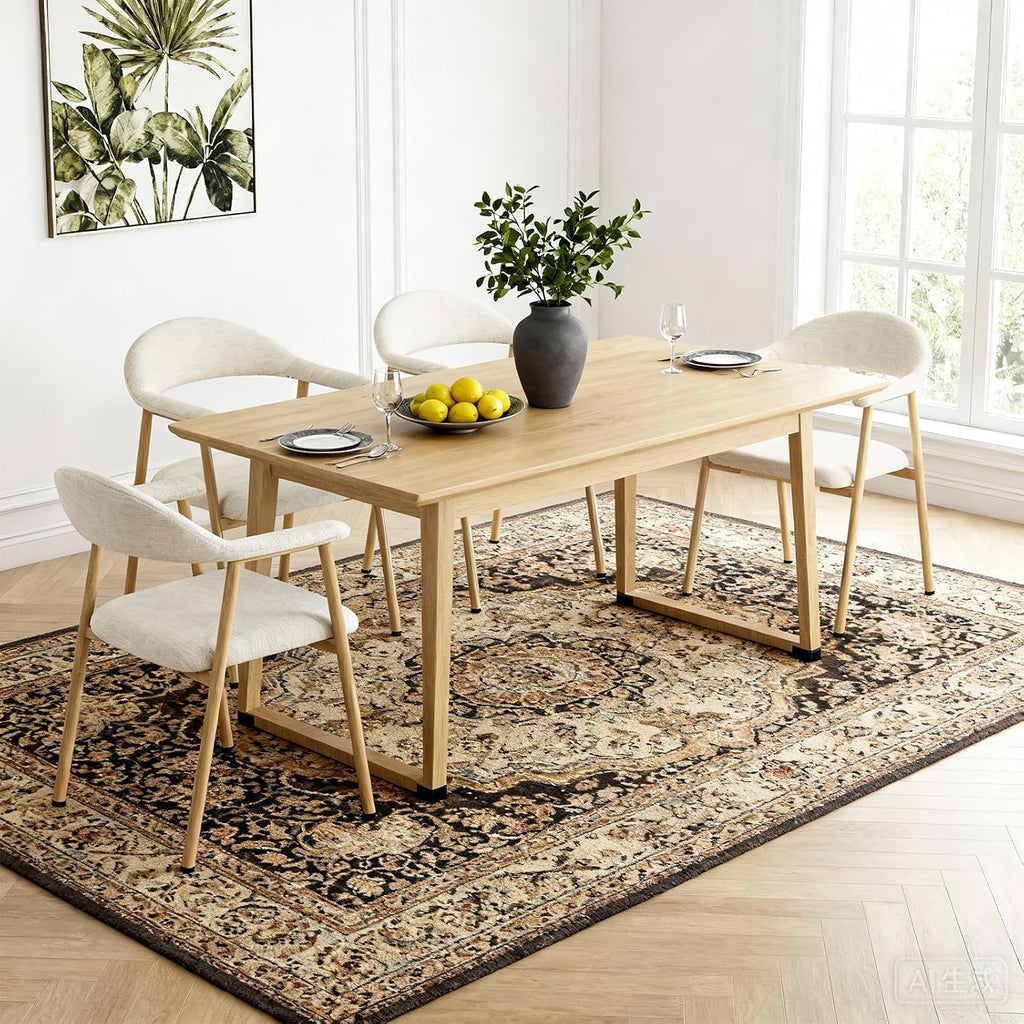 Dumos Dining Chairs Set Of 4, Linen Fabric Upholstered Kitchen Side Chairs With Curved Backrest & Metal Legs, Modern Farmhouse Accent Chair For Dining Room Kitchen Living Room Cafe, Beige