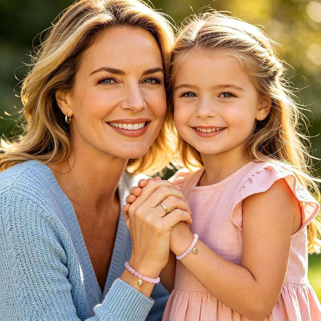 Mothers Day Gifts- Mother Daughter Bracelets Set, Matching Heart Charm Natural Stone Bracelet Jewelry Gifts for Mom Daughter