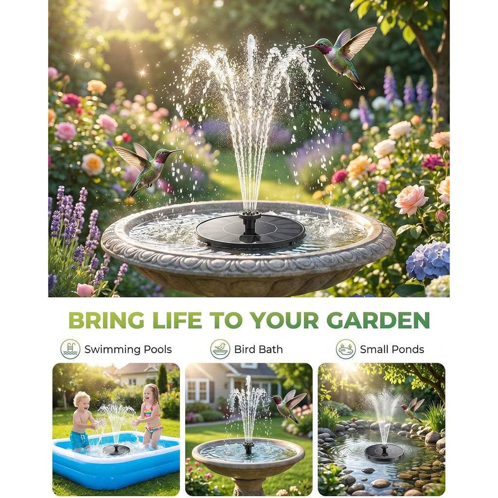Solar Fountain For Bird Bath, 2026 Upgrade 1.4W Solar Water Fountain Pump With 7 Nozzles, 4 Fixed Pipes, Outdoor Standing Floating Solar Fountain For Garden, Ponds, Pool, Fish Tank, 6.3 Inch