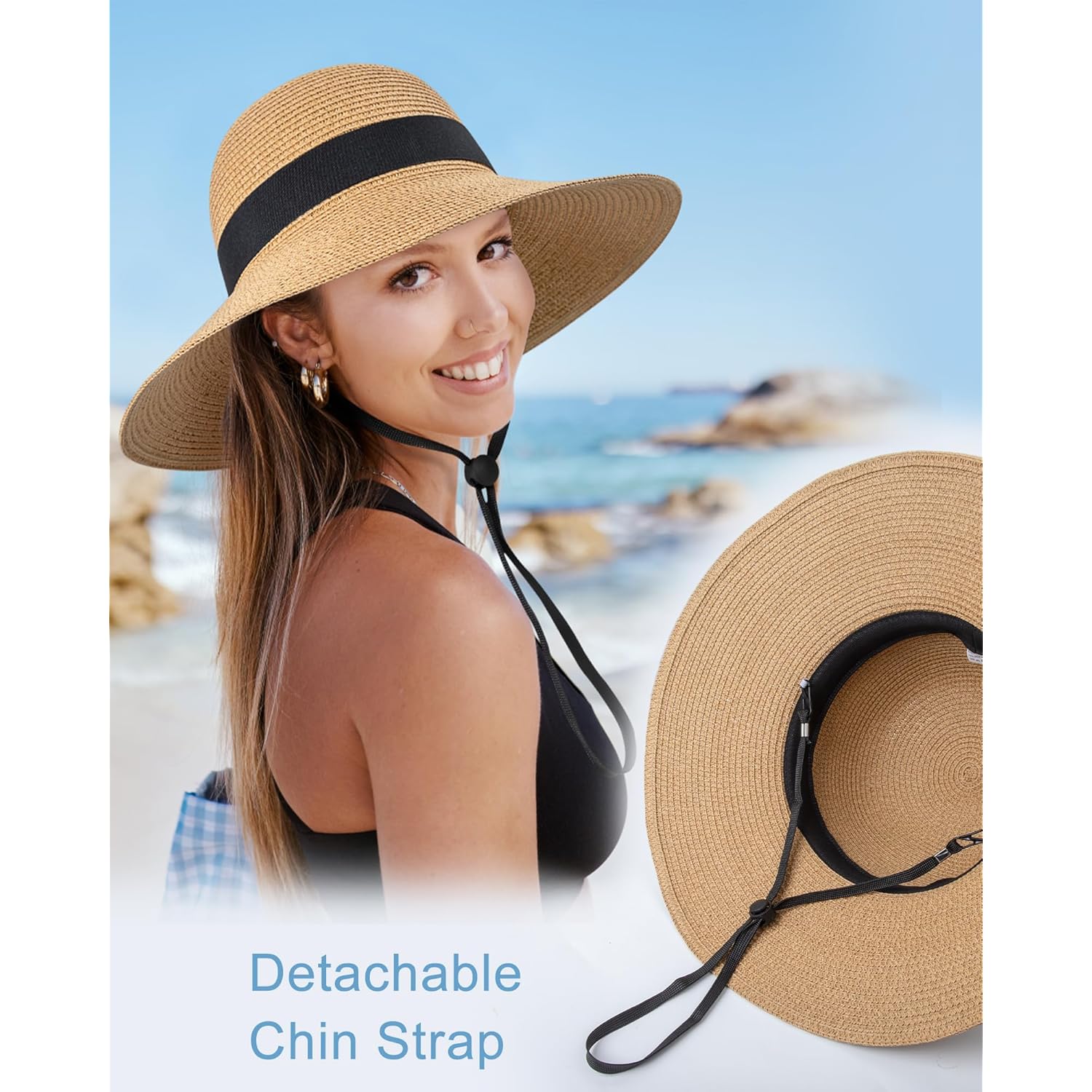 Senker Fashion Sun Hats for Women, Wide Brim Straw Floppy Hat for Beach Summer Vacation Garden Packable Roll Up UPF 50+