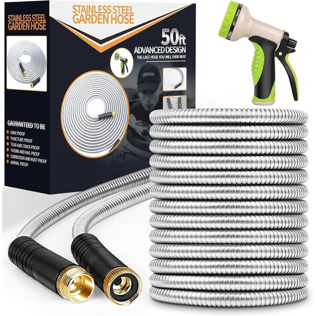 Garden Hose 50 Ft, Stainless Steel Water Hose With 10 Function Nozzle Flexible, Heavy Duty, Lightweight, No-Kink, Pet Proof, Puncture Proof Hose Metal For Yard, Outdoor