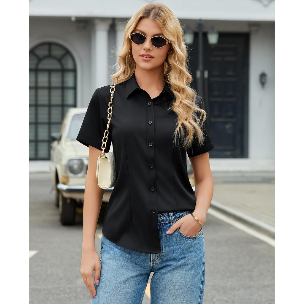 Button Down Shirts for Women Stain Shield Short Sleeve Dress Shirt Wrinkle Free Work Business Office Blouses