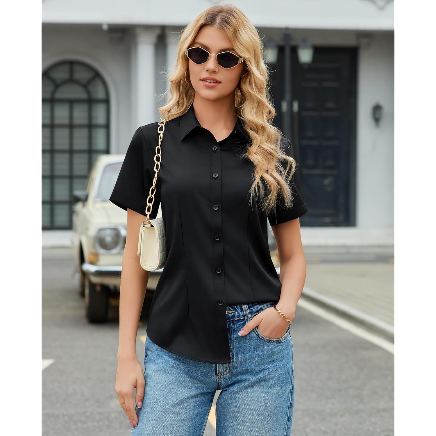 Button Down Shirts for Women Stain Shield Short Sleeve Dress Shirt Wrinkle Free Work Business Office Blouses