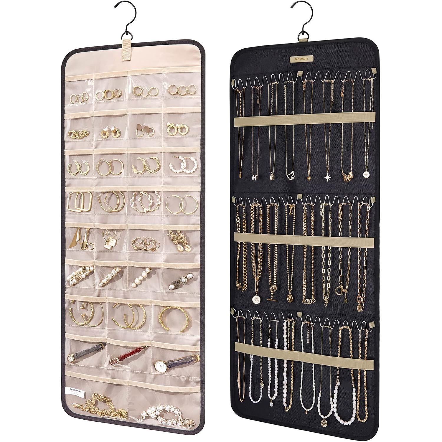 Bagsmart Hanging Jewelry Organizer Storage Roll With Hanger Metal Hooks Double-Sided Jewelry Holder For Earrings, Necklaces, Rings On Closet, Wall, Door, 1 Piece, Large, Black
