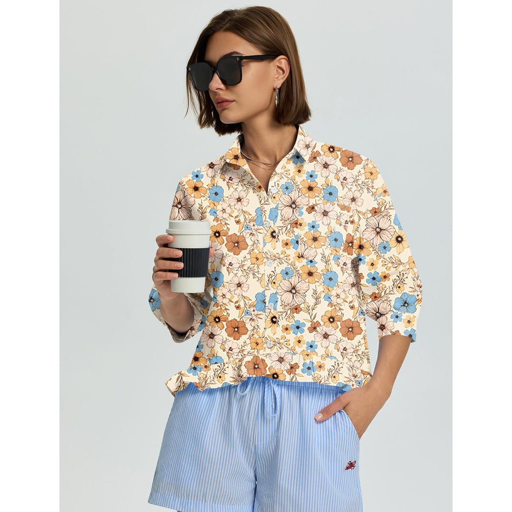 Womens 3/4 Sleeve Button Down Tops Dressy Casual Collared Shirts Blouses Ruffle Babydoll Tops Loose Fit