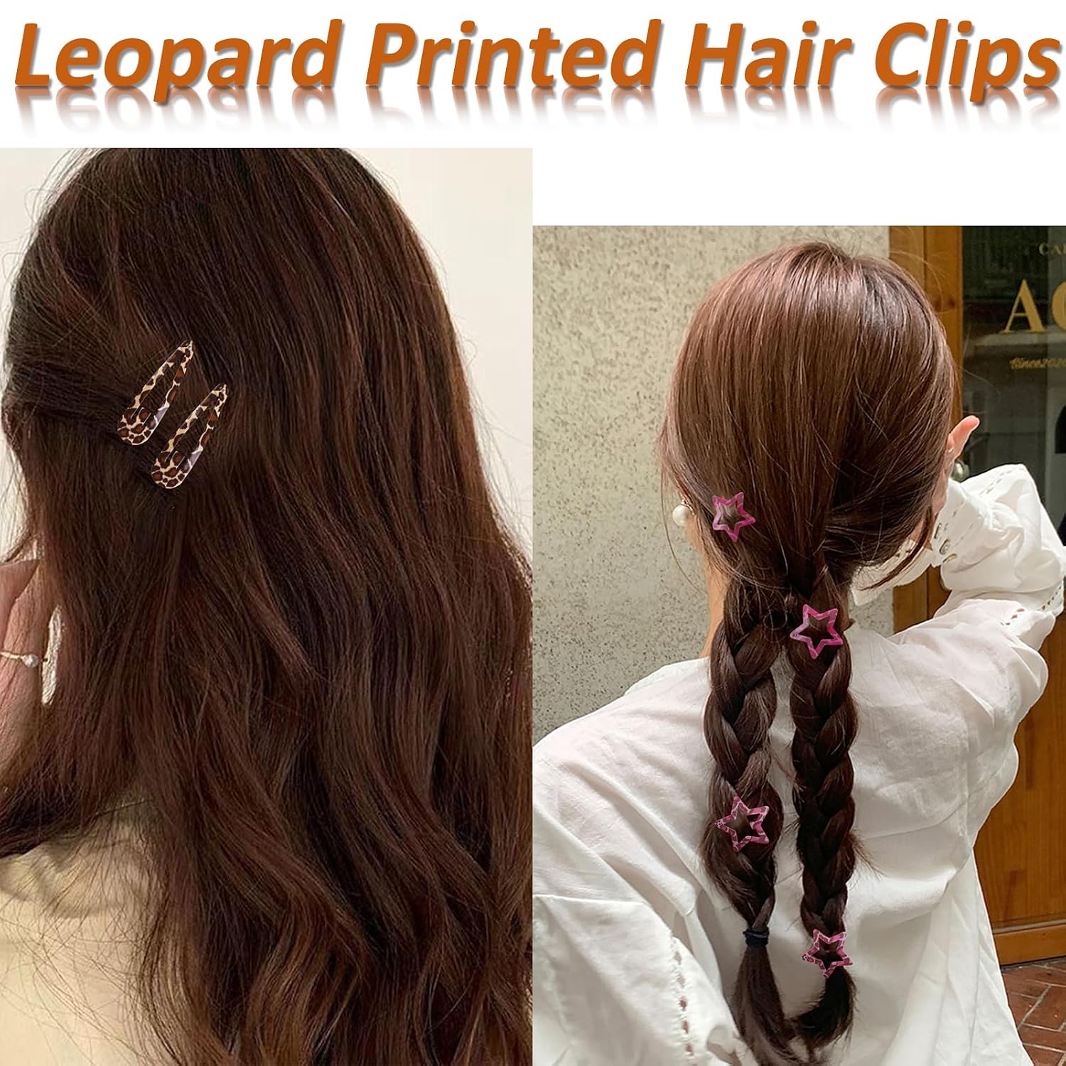 Metal Snap Hair Clips,8 Pairs Hair Barrettes For Women - Star & Water Drop Hair Barrettes, Non-Slip Y2K Accessories For Thin Thick Hair,Pink And Brown Leopard Print